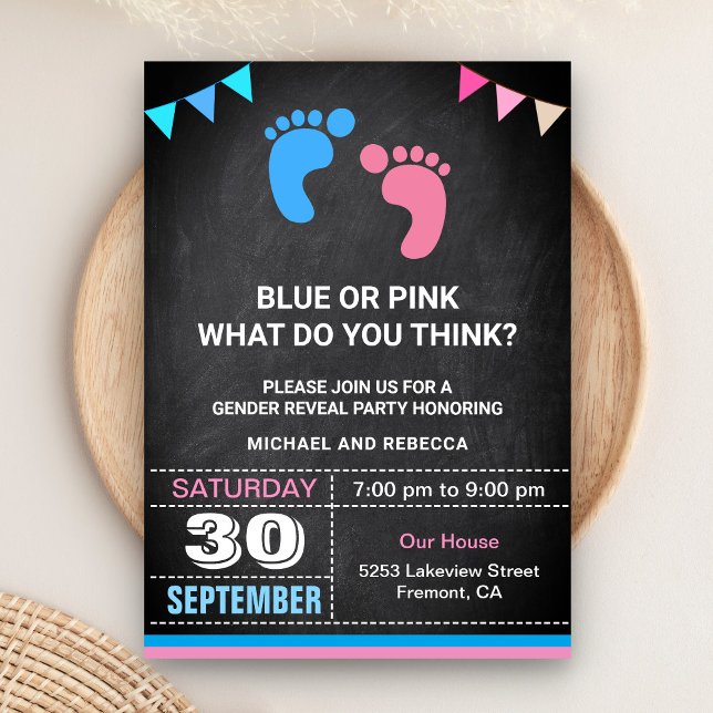 Blue oder Pink Baby Footprints Gender Reveal Party Einladung (Von Creator hochgeladen)