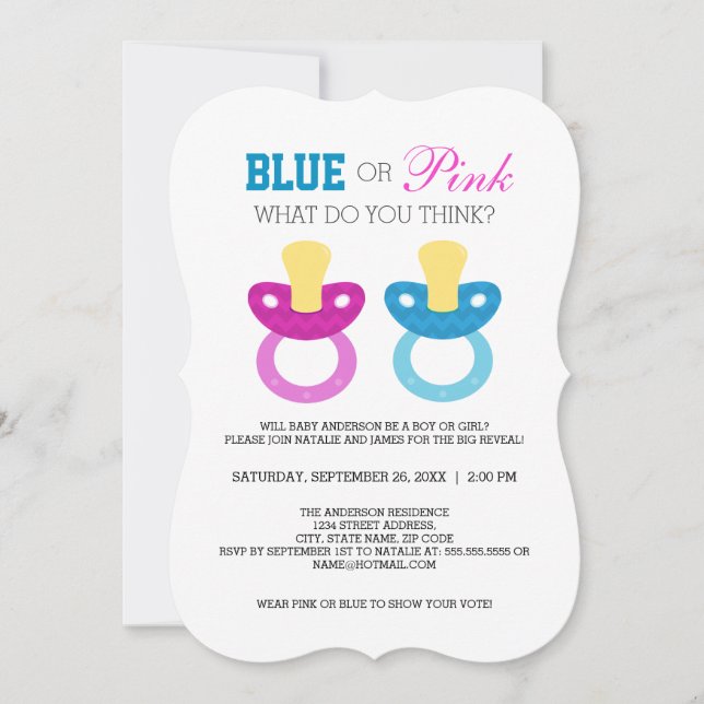Blue oder Pink Baby Schnuller Gender Reveal Party Einladung (Vorderseite)