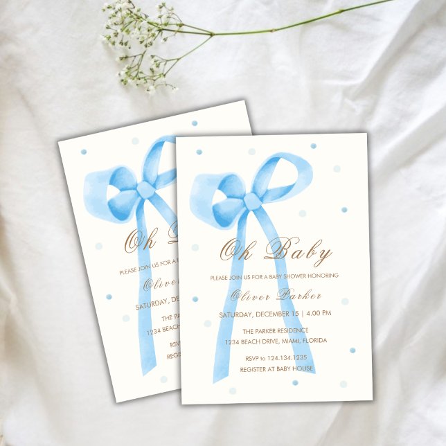 Blue Oh Baby Minimalistisch Polka Dot Bow Baby Dus Einladung (Blue Oh Baby Minimalist Polka Dot Bow Baby Shower Invitation)