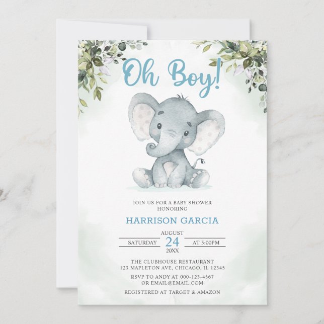 Blue Oh Boy Niedlich Elephant Baby Dusche Einladun Einladung (Vorderseite)