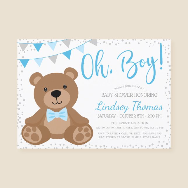 Blue Oh Boy Teddy Bear Baby Dusche Einladung (Von Creator hochgeladen)