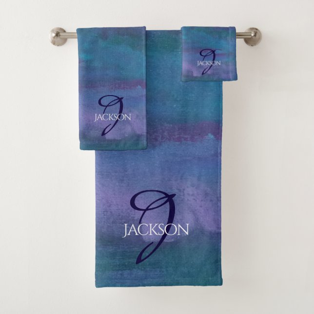 Blue Ombre Abstrakt | Aquamarines Violett Lila Mon Badhandtuch Set (Insitu)