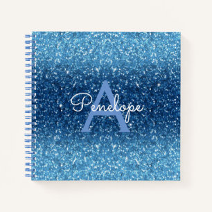 Blue Ombre Glitzer und Monogram Sketchbook Notizbuch