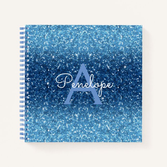 Blue Ombre Glitzer und Monogram Sketchbook Notizbuch (Vorderseite)