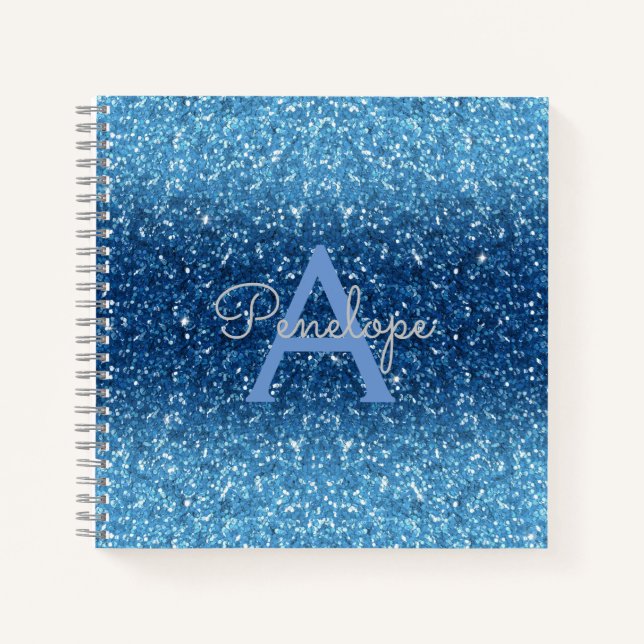 Blue Ombre Glitzer und Monogramm Rezept Notizbuch (Vorderseite)