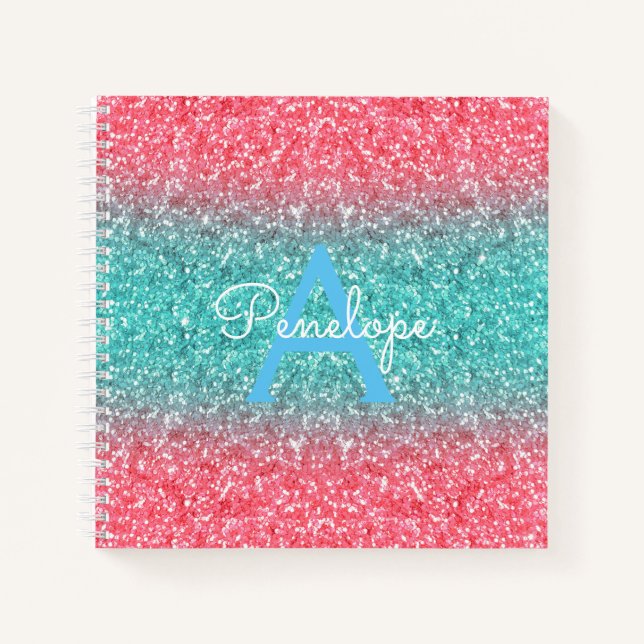 Blue Ombre Glitzer und Monogramm Rezept Notizbuch (Vorderseite)