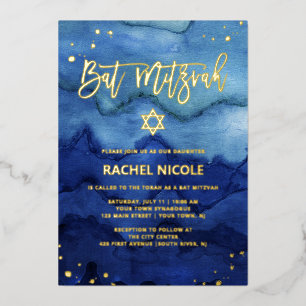 Blue Ombre Wasserfarbe und Gold Bat Mitzvah Folieneinladung