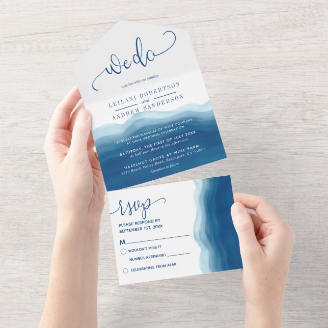 Blue Ombre Wasserfarbenwelle, die wir Hochzeit mac All In One Einladung (Abreißen)