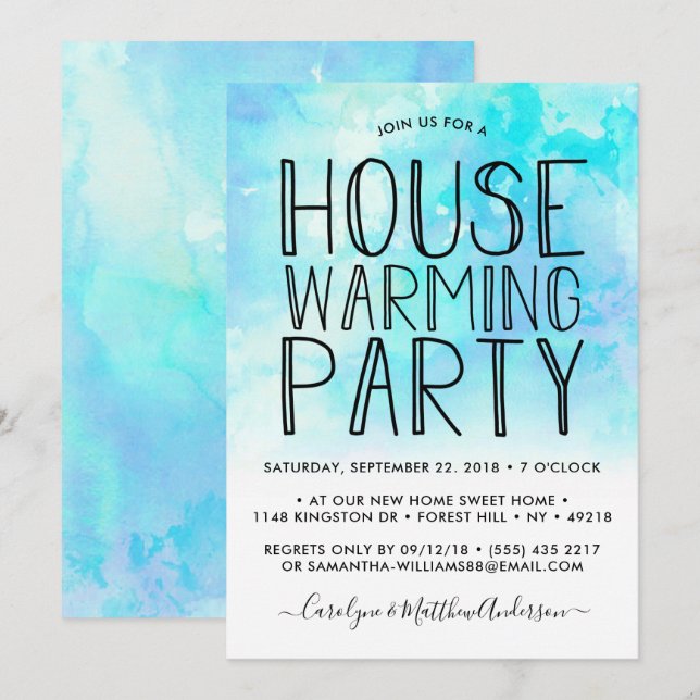 Blue Ombre Watercolor Housewarming Party Einladung (Vorne/Hinten)