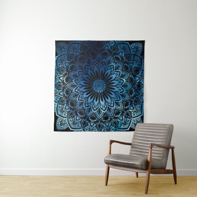 Blue Ombre Watercolor Mandala Wandteppich (Beispiel (Horizontal))