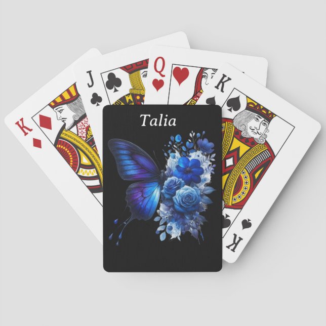 Blue on Black Floral Butterfly Personalisiert Spielkarten (Rückseite)