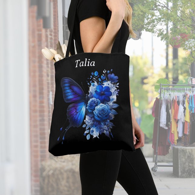 Blue on Black Floral Butterfly Personalisiert Tasche (Von Creator hochgeladen)