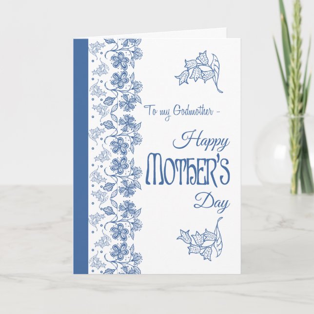 Blue on White Floral Mother Day Card, Godmutter Karte (Vorderseite)