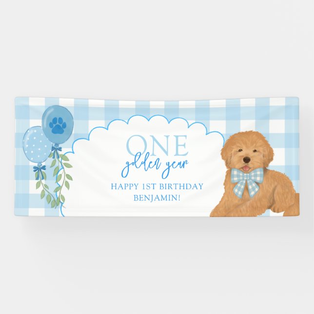 Blue One Golden Year Doodle Puppy 1st Birthday Banner (Horizontal)