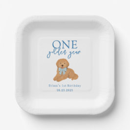 Blue One Golden Year Doodle Puppy Birthday Pappteller