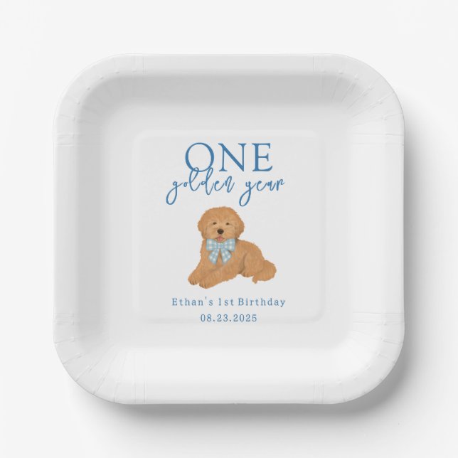 Blue One Golden Year Doodle Puppy Birthday Pappteller (Vorderseite)