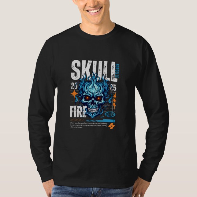 Blue, Orange, and White Skull Maximalist Streetwea T-Shirt (Vorderseite)