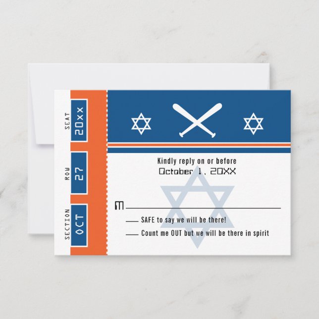Blue Orange Bar Mitzvah Baseball Ticket UAWG RSVP Karte (Vorderseite)