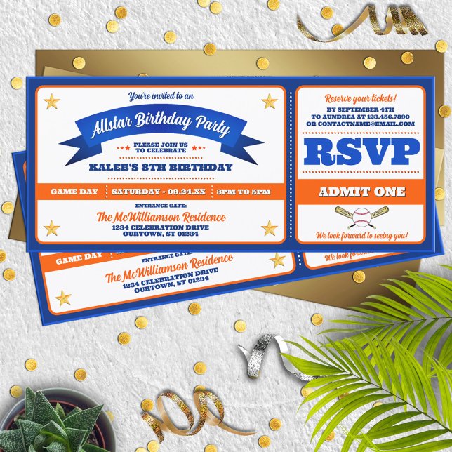 Blue & Orange Baseball Allstar Ticket Birthday Einladung (Von Creator hochgeladen)