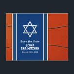 Blue Orange Basketball Bar Mitzvah Save the Date Postkarte<br><div class="desc">Basketball-Thema Bar Mitzvah Save the Date Postkarte mit einem Basketballhintergrund und blauen Akzenten. Dieser Basketball Bar Mitzvah Save the Date Postkarte ist stilvoll und modern. Dieses Basketball-Thema Bar Mitzvah Save the Date Postkarte bietet einen orangen Basketball-Hintergrund mit blauem Jersey-Look Hintergrund für den Namen und Stern von David. Das Basketballdesign Bar...</div>