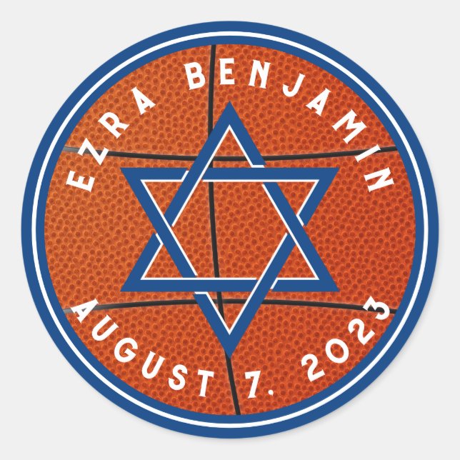 Blue Orange Basketball Thema Bar Mitzvah Runder Aufkleber (Vorderseite)