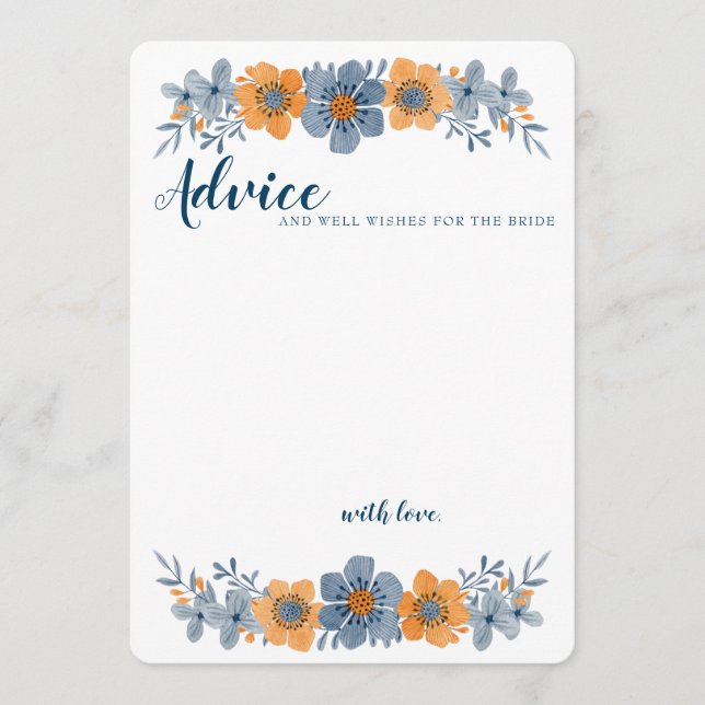Blue & Orange Blume Wedding Advice Card Unmarkiert Hinweiskarte (Vorderseite)