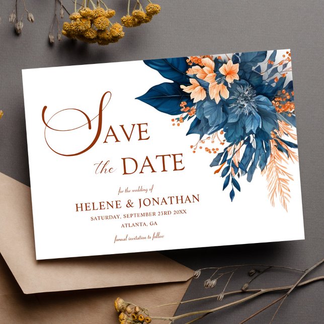 Blue Orange Blumengarten Elegante Hochzeit Save The Date (Navy Blue Orange Floral Garden Elegant Wedding Save The Date)