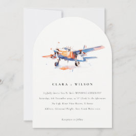 Blue Orange Blush Watercolor Air Flugzeug Hochzeit Einladung