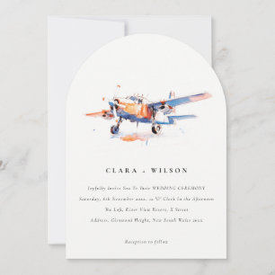 Blue Orange Blush Watercolor Air Flugzeug Hochzeit Einladung