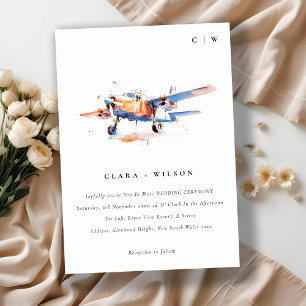 Blue Orange Blush Watercolor Air Flugzeug Hochzeit Einladung