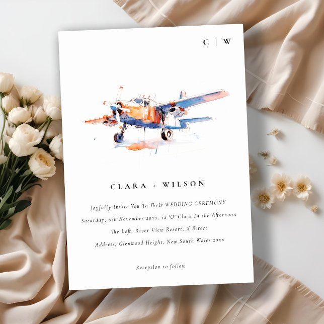 Blue Orange Blush Watercolor Air Flugzeug Hochzeit Einladung (Von Creator hochgeladen)
