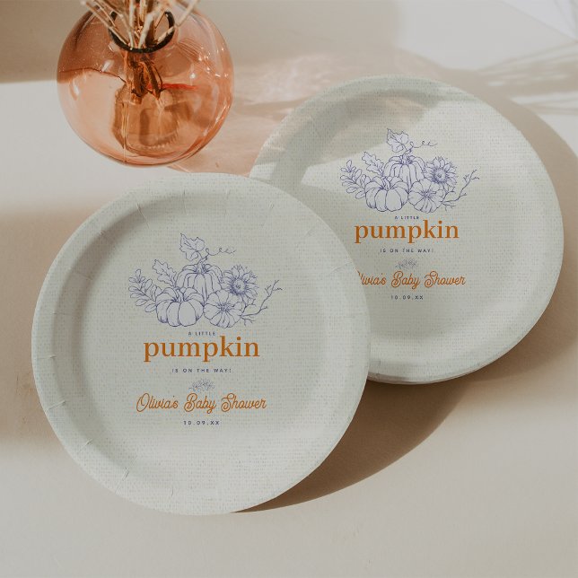 Blue Orange Burlap Little Pumpkin Baby Dusche Pappteller (Blue Orange Burlap Little Pumpkin Baby Shower Paper Plates)