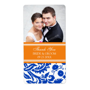 Blue Orange Damask Photo Wedding Étiquettes