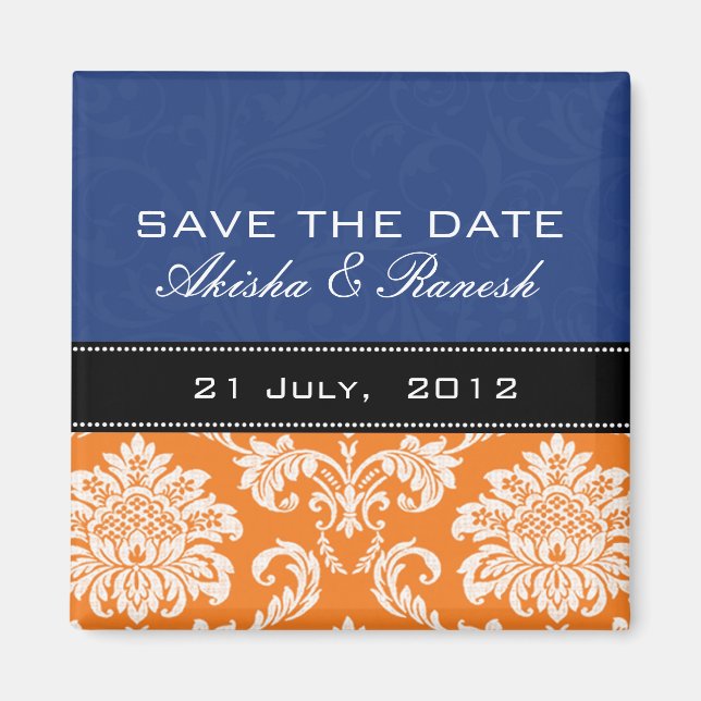 Blue Orange Damask Speichern Sie das Datumsfenster Magnet (Vorne)