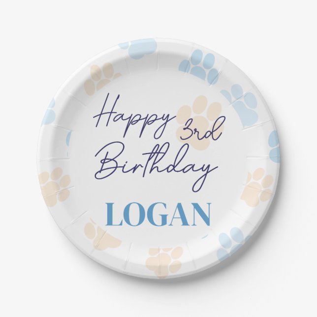 Blue Orange Dog Paw Print Happy Birthday Jegliche  Pappteller (Vorderseite)