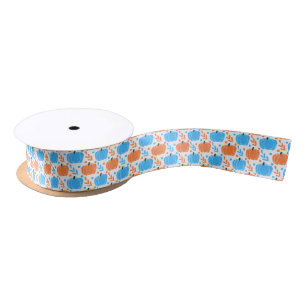 Blue Orange Fall Pumpkin Blätter Pattern Satin Rib Satinband
