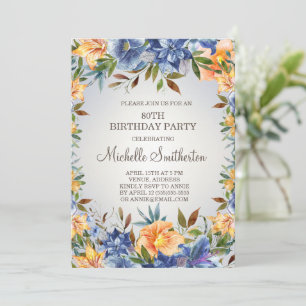 Blue Orange Floral 80th Birthday Invitation