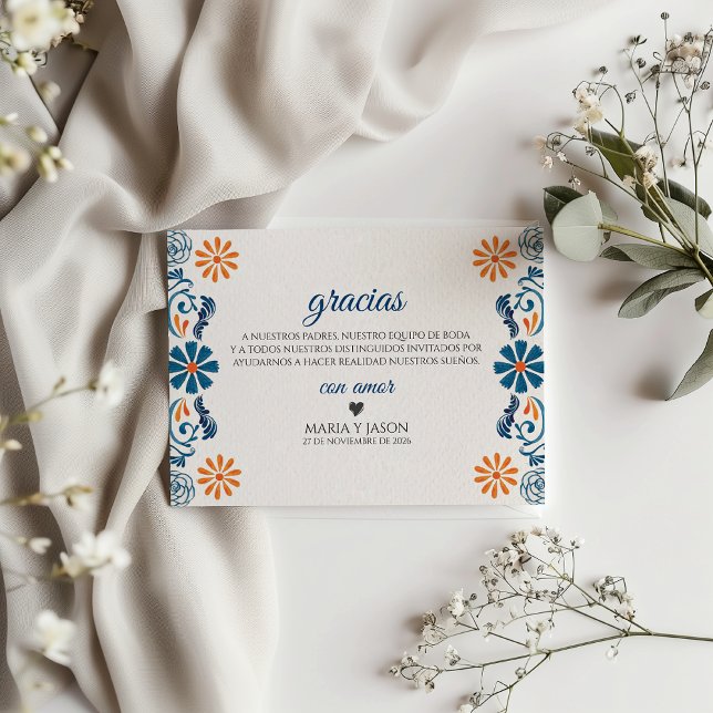 Blue Orange Floral Elegant Fiesta Spanish Wedding Dankeskarte (Blue Orange Floral Elegant Fiesta Spanish Wedding Thank You Card)
