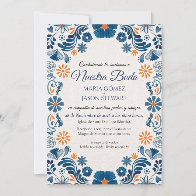 Blue Orange Floral Elegant Fiesta Spanish Wedding Einladung (Vorderseite)