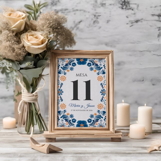 Blue Orange Floral Elegant Fiesta Spanish Wedding Tischnummer (Blue Orange Floral Elegant Fiesta Spanish Wedding Table Number)