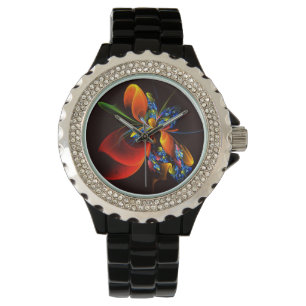 Blue Orange Floral Modernes Abstraktes Kunstmuster Armbanduhr