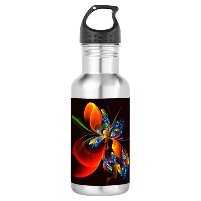 Blue Orange Floral Modernes Abstraktes Kunstmuster Edelstahlflasche (Vorderseite)