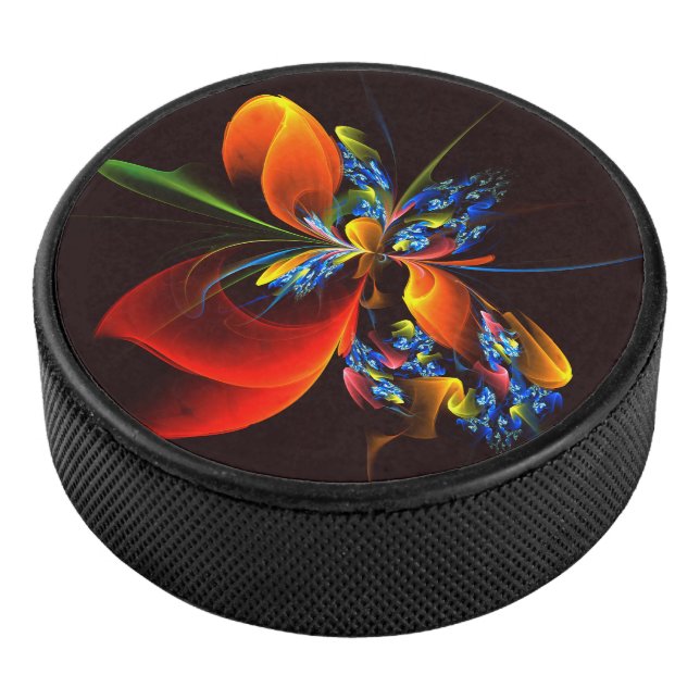 Blue Orange Floral Modernes Abstraktes Kunstmuster Eishockey Puck (3/4)