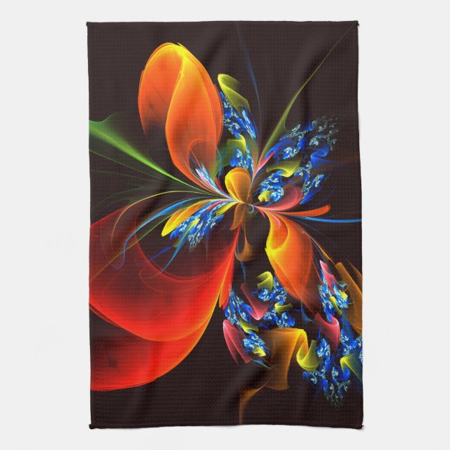 Blue Orange Floral Modernes Abstraktes Kunstmuster Geschirrtuch (Vertikal)