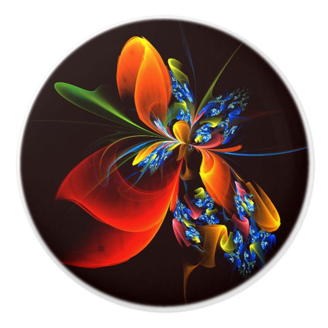 Blue Orange Floral Modernes Abstraktes Kunstmuster Keramikknauf (Vorderseite)