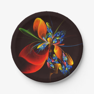Blue Orange Floral Modernes Abstraktes Kunstmuster Pappteller