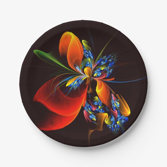 Blue Orange Floral Modernes Abstraktes Kunstmuster Pappteller (Vorderseite)