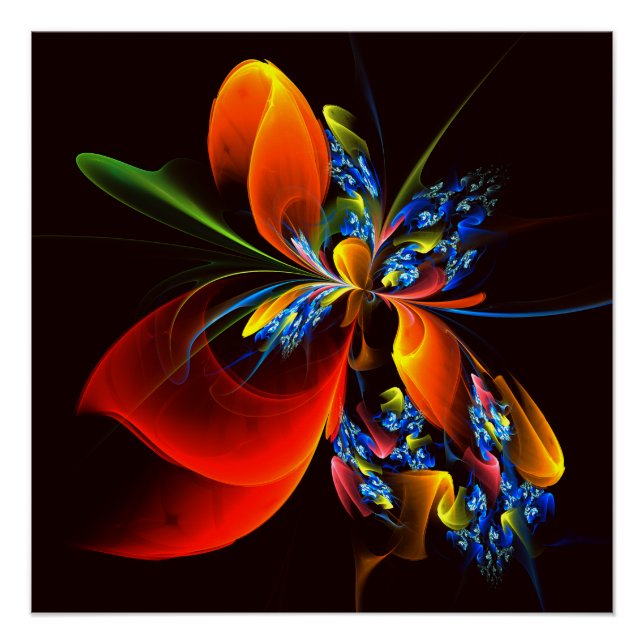 Blue Orange Floral Modernes Abstraktes Kunstmuster Poster (Vorderseite)