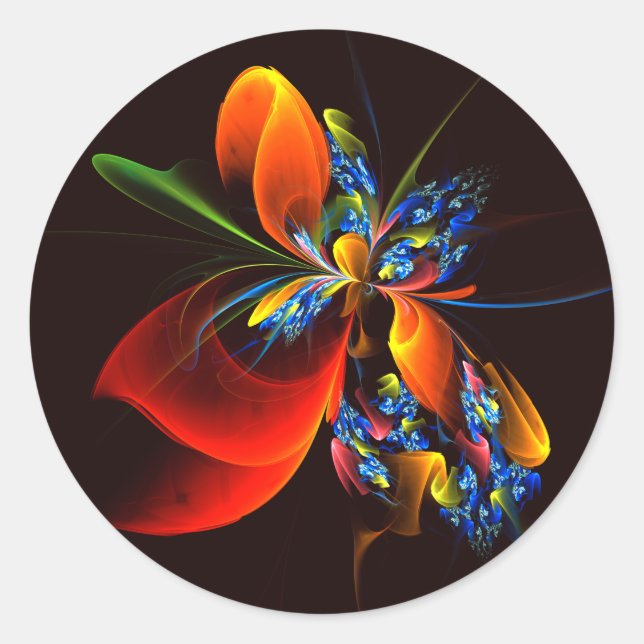Blue Orange Floral Modernes Abstraktes Kunstmuster Runder Aufkleber (Vorderseite)