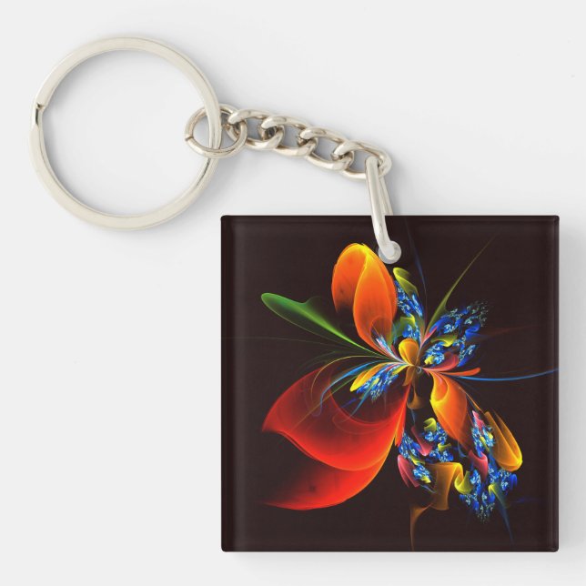 Blue Orange Floral Modernes Abstraktes Kunstmuster Schlüsselanhänger (Vorderseite)